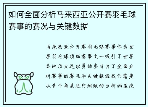 如何全面分析马来西亚公开赛羽毛球赛事的赛况与关键数据